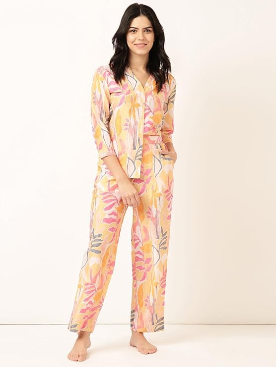 Image of STORIES OF BANNO'S SWAGGER Premium Poly Muslin Floral Co-Ord Set for Women | Soft Pajama Set | Elegant Printed Nightwear Lounge Outfit | Trendy Casual Wear Co-Ord Set