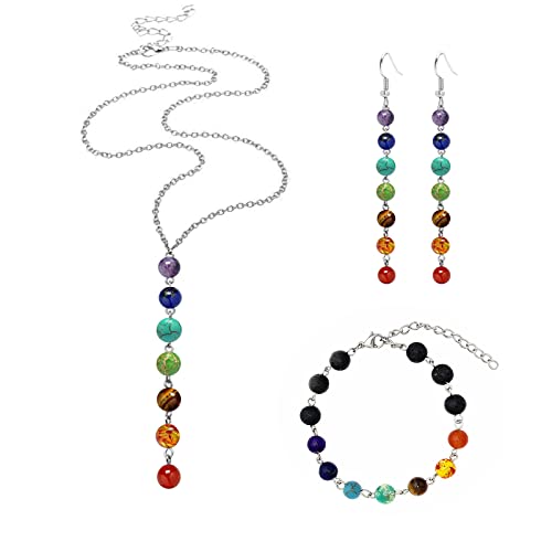 Chakra Necklace Bracelet Earring Set For Women, Handmade Yoga Healing, Meditation, Calm, Anxiety Relief Jewelry Natural Stone Beading Set For Women (Set)