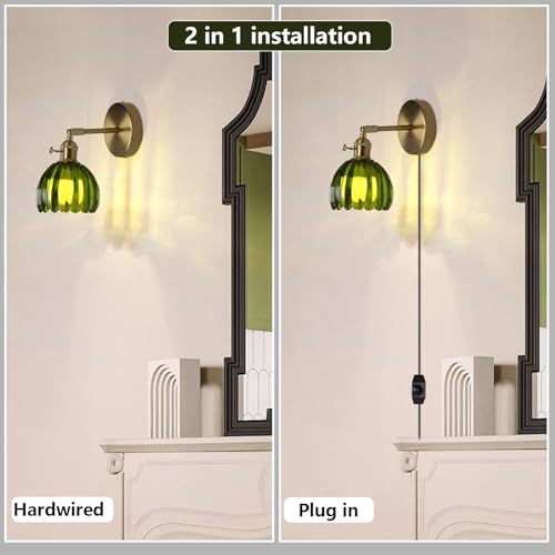 Image of HuisMier Dimmable Plug in Wall Sconces, Vintage Green Tulip Glass Lampshade Wall Light with On /Off Switch, Modern 180 Degree Adjustable Brass Wall Sconces for Bathroom Bedroom Hallway, Plug in