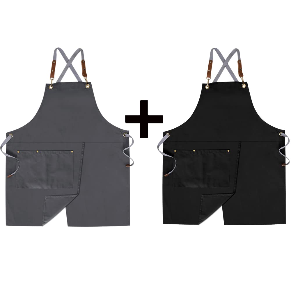 Mignongirl 2 Pieces Pottery Apron,Split Apron with Adjustable Straps M-XXL,Black and Grey