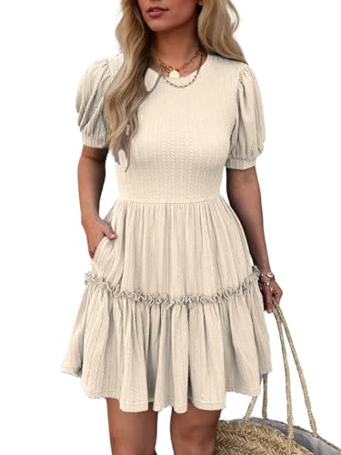 Image of Mieazom Women's Puff Sleeve Ruffle Dress, Brown Cotton Blend Mini Dress with Pockets, Elastic Waist & Flowy Fit