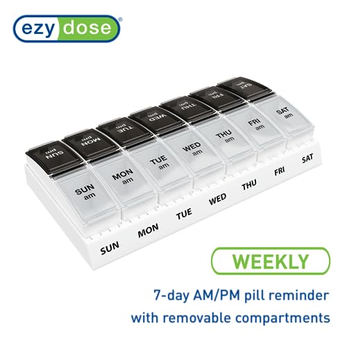 Image of EZY DOSE Weekly (7-Day) AM /PM Pill Case, Medicine Planner, Vitamin Organizer, Small Pop-Out Compartments, 2 Times a Day, Black and Clear Lids (Pack of 2)