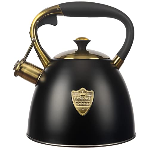 Luxgrace T15-BLACK Tea Kettle -2.9 Quart Tea Kettles Stovetop Whistling Teapot Stainless Steel Tea Pots cover