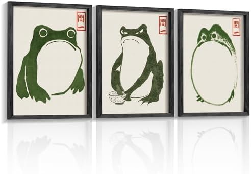 Houmury Set of 3 Framed Japanese Frog Wall Art Decor Vintage Wall Signs Cute Minimalist Decors