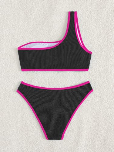 Image of YIMISAN Women's Ribbed Bikini Sets One Shoulder Top with Mid Waist Two Piece Bathing Suit