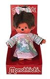 Niedliches Monchhichi Mädchen in einem langärmligen Kleidchen mit Einhornmotiv und Schleife im Haar, zum Kuscheln, Spielen und Liebhaben, Größe ca. 20 cm