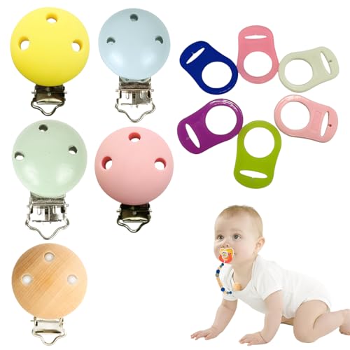 THQAE 11 pièces Attache Tetine Clip, Attache Tetine Bois et 6 Silicone Bouton Anneau, Attaches-Sucettes, Adaptateur de Sucette, Attache Sucette, Accessoires