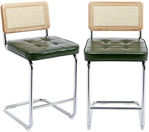 ONEVOG Island Rattan Chairs, Faux Leathe Seating Kitchen Counter Height (24 inch) Bastool with Sturdy Frame Chrome Legs, Dining Room Home Kitchen Stools Set of 2 Green