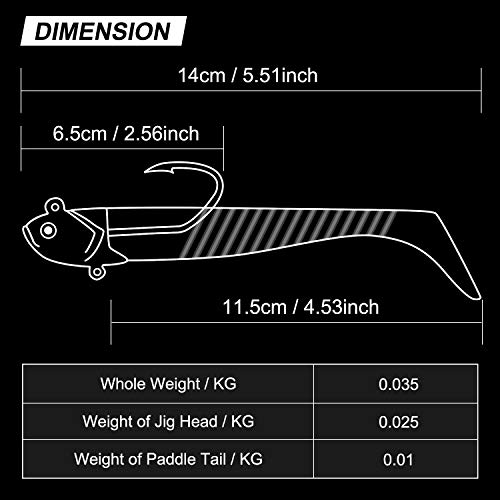 Rodeel Soft Baitfish Bait Jig Heads with Paddle Tail Set for Lure Fishing for Freshwater, Sinking Swimbait Soft Bait Fishing Lures(2 Jig Heads with 5 Paddle Tails, 5.5 inch, 35g)