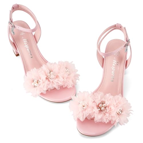 Oh Mispares Block Heel Sandals for Women Flower Pearl Heels Round Open Toe Ankle Strap Pink Elegant Heeled Sandals for Wedding Party Dressy3