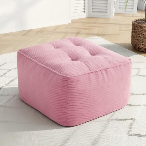Image of Square Stuffed Pouf Ottoman, Corduroy Oversize Foot Rest,Pink