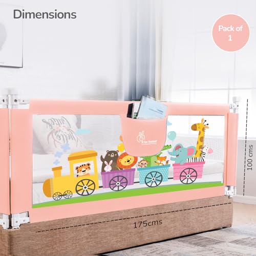 Image of R for Rabbit Safari Baby Bed Rail, (Pack of 1) One Side Bed Protector 177 x 100 cm, Anti-Fall Safeguard Toddler Safety, Adjustable Height & Foldable with Storage Pocket for Kids 5.8 x 3 ft(Pink)
