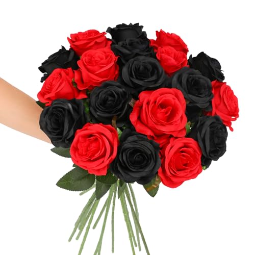 Tifuly Roses Artificial Flowers - 12 pcs Realistic Long Stem Fake Roses Mashup Style Silk Roses for DIY Bouquets Wedding Centerpieces Arrangements Home Party Decor(Black & Red)