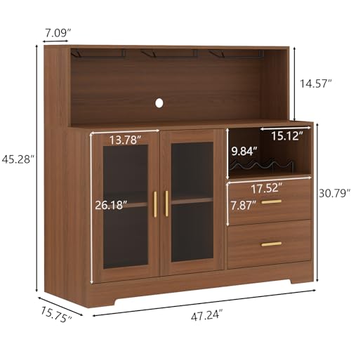 Image of Bar Cabinet for Home with LED Light,Coffee Bar Cabinet w / Wine & Glass Rack | Kitchen Buffet Sideboard with Storage Cabinet&Drawers, Modern Liquor Cabinet for Living Room Dining Room (Brown)