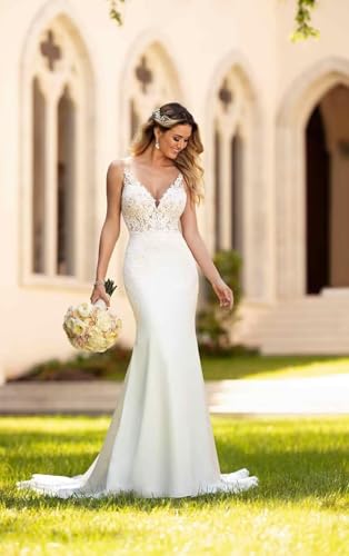 Lace Wedding Dresses for Bride Mermaid V Neck Boho Beach Bridal Gowns with Train BOF302