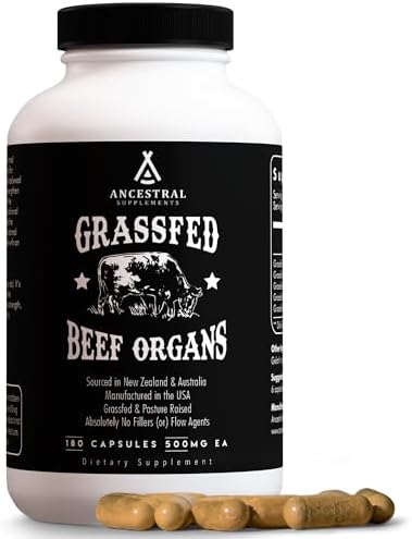 Ancestral Supplements Grass Fed Beef Organ Supplement, Supports Whole Body Wellness with Proprietary Blend of Liver, Heart, Kidney, Pancreas, Spleen, Freeze-Dried Beef, Non-GMO, 180 Capsules