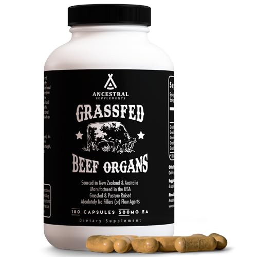 Ancestral Supplements Grass Fed Beef Organ Supplement, Supports Whole Body Wellness with Proprietary Blend of Liver, Heart, Kidney, Pancreas, Spleen, Freeze-Dried Beef, Non-GMO, 180 Capsules