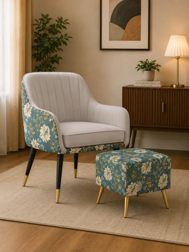 Image of Floral Velvet Accent Chair with Floral Pouffe | Modern Upholstered Armchair with Gold & Black Metal Legs | Comfortable Lounge Chair for Living Room, Bedroom, Office (Light Grey Floral)