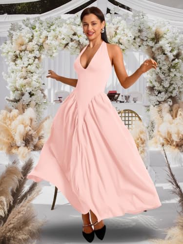 Image of ChiaoLezhee Deep V Neck Dress, Halter Maxi Dresses, Vacation Date Night, Sexy for Women Corset Flowy Wedding Guest Drop Waist