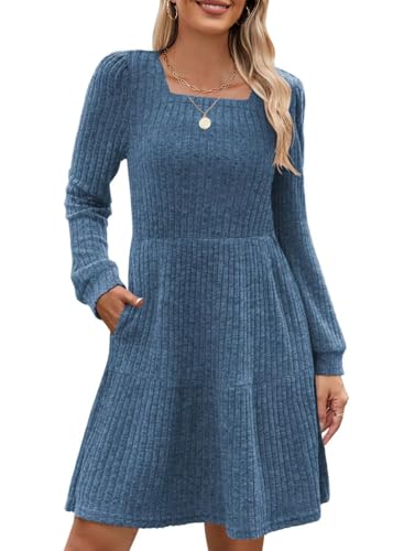 Image of QACOHU Falll Dresses for Women 2026 Crew Neck Long Lantern Sleeve Casual Loose Flowy Swing Shift Dress