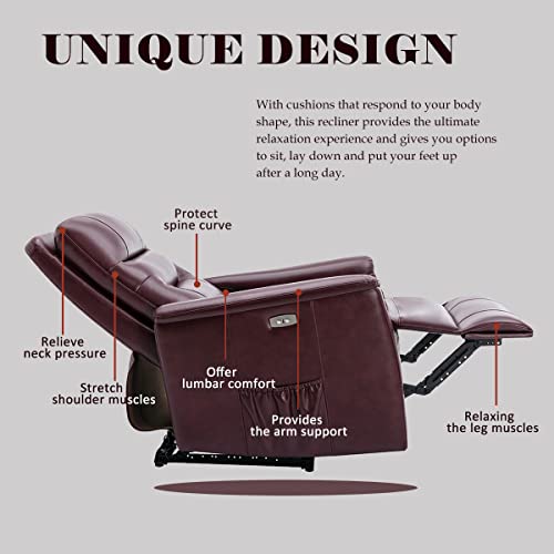 Morden Fort Power Recliner Chair Burgundy Upgraded Breathable Leatherette Power Reclining Chairs With Usb Charge Port & Side Pockets For Living Room Bedroom #TOP5