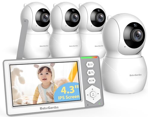 Image of Baby Ganibs Baby Monitor with 4 Cameras Standby for 23-Hour Battery, Remote Control 4.3'' IPS Video Baby Monitor No WiFi Up to 1000ft Range, ECO, Night Vision, Temperature, 2-Way Talk, 8 Lullabies