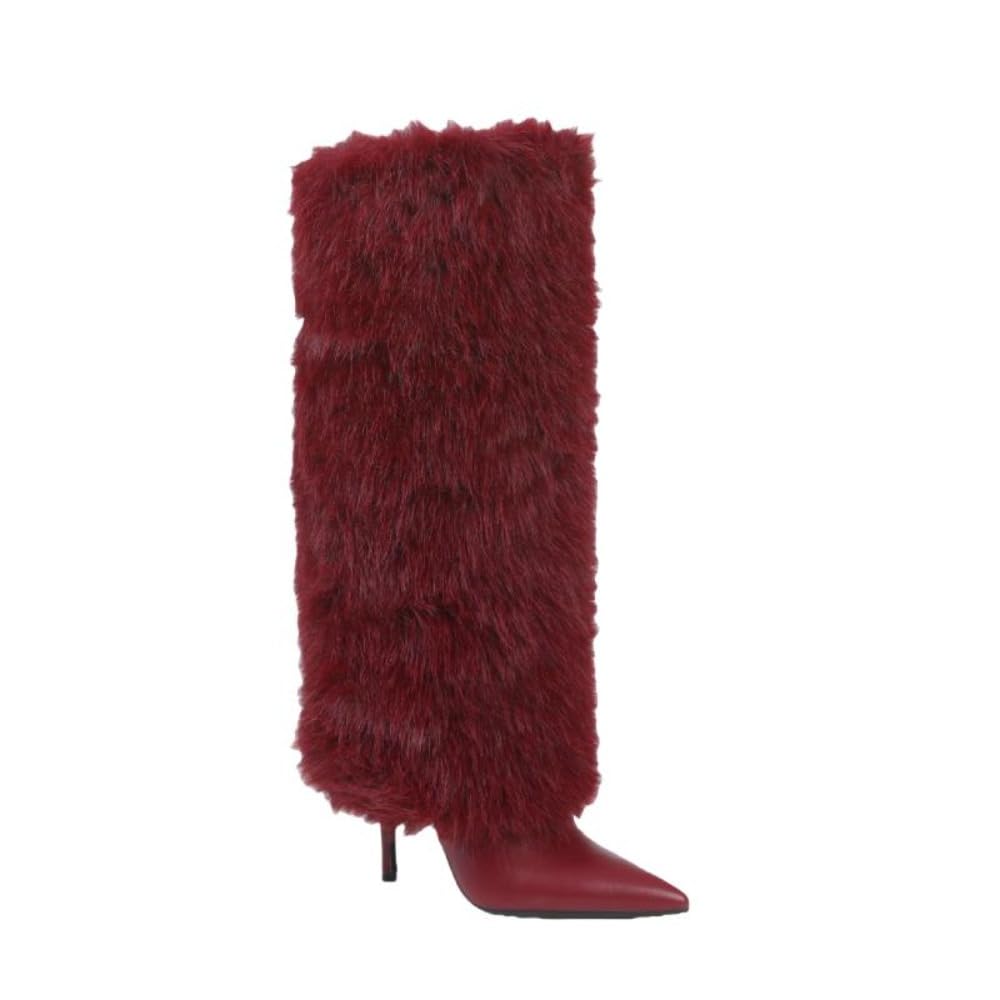 Autumn Winter Elegant Female Party Prom Dress Shoes Stilettos Sexy Fluffy Fur Knee Length Boots Long Boots Foldover