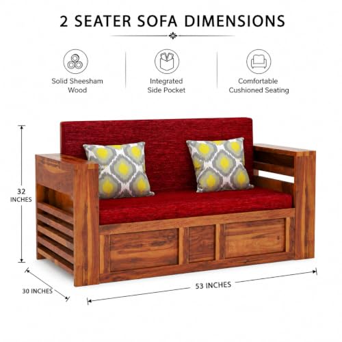 Image of Douceur Furnitures Solid Sheesham Wooden 2 Seater Sofa Cum Bed with Mattress & 2 Cushions and Side Pockets, Wood Foldable Convertible Sofa Diwan Cum Bed for Living Room and Bedroom,Teak Finish