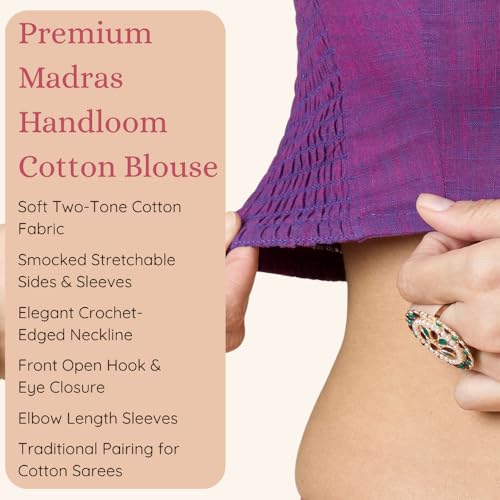 Image of Studio Shringaar Women's Handloom Cotton Side Stretchable (Smocked) Readymade Saree Blouse with Crochet Neckline