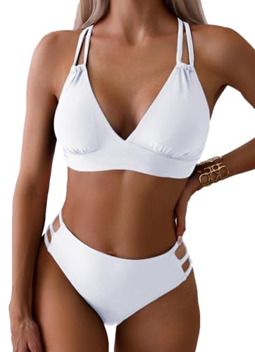 Image of Fanuerg Women's Sexy V Neck Bikini Sets Hollow Out Two Piece Swimsuits Cutout Mid Waist Bathing Suit