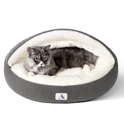WELFIBR 23" Covered Cat Bed Cave for Indoor Cats and Small Dogs - Enclosed Cozy Pet Bed with Hooded Roof for Added Security & Warmth, Washable & Removable Cushion, Anti-Slip Bottom Cat House, Gray
