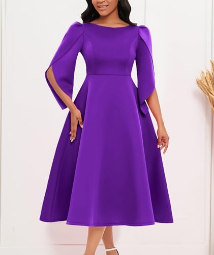 SOMTHRON Women's Elegant 3/4 Petal Sleeve Long Maxi Dress Crewneck A-Line Pleated Swing Formal Cocktail Party Dress3