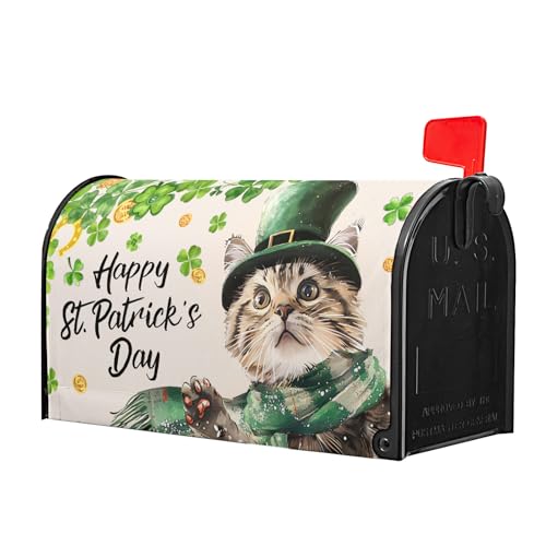 Image of Patrick Cat Magnetic Mailbox Cover 25.5x21 Inch Happy St. Patrick's Day Clover Shamrocks Kitten Mailbox Wrap Post Cover Standard Size for Garden Yard Outdoor Outside Patio Holiday Decor