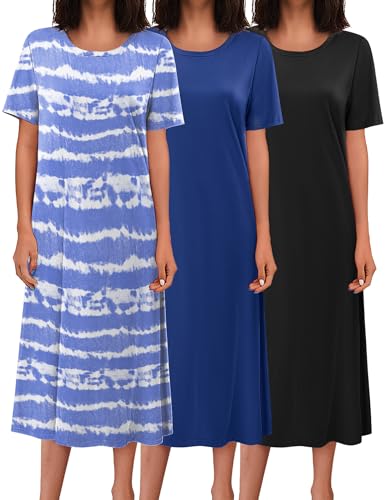 Ekouaer 3 Pack Long Nightgowns for Women Full Length Short Sleeve Nightshirt Soft Plus Size Sleepwear Casual Loungwear