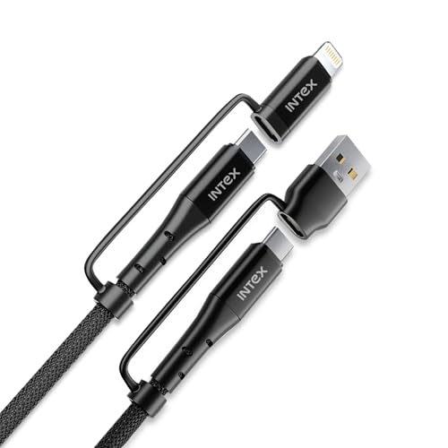 Image of Intex Speed Ultra 3.0 (4 -IN -1) USB-A, Type-C, & Lightning Ports, 60W /3A PD Fast Charging, 480Mbps Data Sync, 2 Swappable Heads, braided Cable Tie - Black