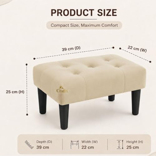 Image of Upholstered Foot Rest Ottoman Stool with Wooden Legs, Tufted Footstool for Living Room, Bedroom, Makeup Vanity, Entryway, Comfortable Footrest Bench, Modern Accent Ottoman (Creme)