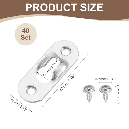 Image of uxcell 40Pcs Keyhole Picture Frame Hangers, 37x14mm Heavy Duty Metal Keyhole Hangers Plates Metal Hanging Brackets with Screws for Mirrors, Pictures, and Photo Frames, Silver