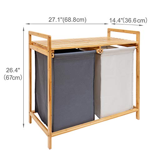 Comellow Bamboo Laundry Hamper And Shelf, 2 Sections Laundry Basket With Removable Liner, Dual Compartments Laundry Organizer And Storage, Wooden Laundry Sorter With Sliding Handles #TOP4