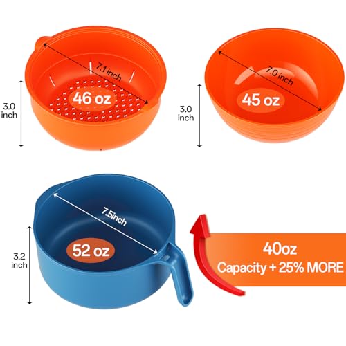 Image of MEACOLIA 50 oz Large Ramen Bowl, Microwave Ramen Cooker, Noodle Pasta Cooker with Lid and Strainer, Steamer for Vegetables, College Dorm Essentials for Girls Guys (Orange)