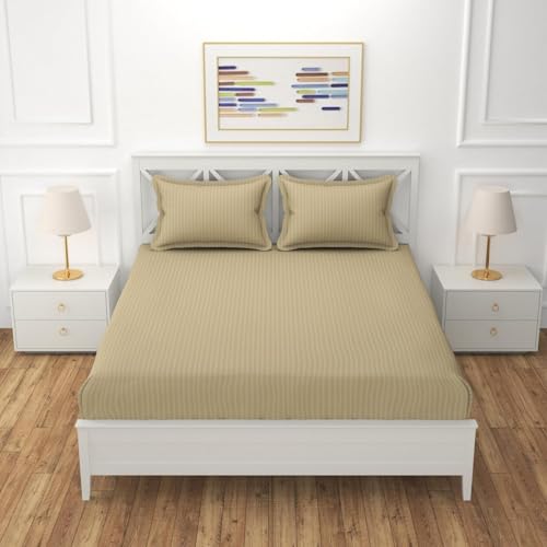Image of Satan Striped Microfibre Double Bedsheet (90'100) Inch with 2 Pillow Covers (17'27) Inch Set (Camel, Double)