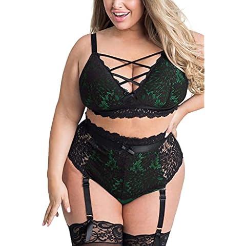 EVELUST Plus Size Lingerie Set for Women, Sexy Luxe Criss-cross Bra Set Lace Cups Classic Underwear with High Waisted Suspender Thong(BlackGreen,3XL,828w) Cover