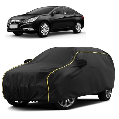 Image of Sulfar 100% Water Resistant Car Body Cover Compatible with Mirror for Hyundai Sonata Transform (Triple Stitched, Full Bottom Elastic, Black Taffeta with Yellow Piping)