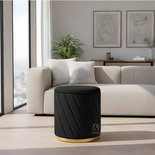 Image of Luxury Round Velvet Ottoman Stool with Gold Base - Modern Upholstered Footrest Pouffe, Tufted Vanity Seat, Living Room Bedroom Dressing Stool (Black)