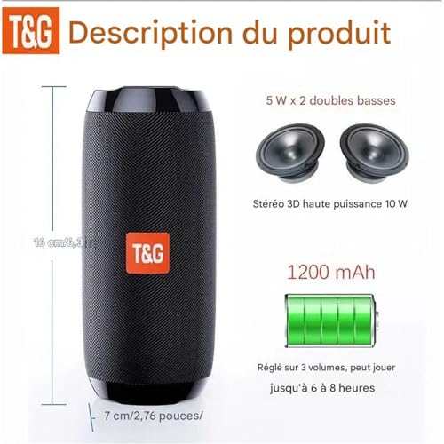 T&G Enceinte Bluetooth Portable Noire, Haut-Parleur sans Fil IPX4 Étanche, Son Stéréo Puissant, 30H d’Autonomie, Idéale pour Maison, Voyage et Extérieur – vue 3