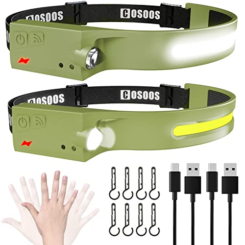 COSOOS 2 Rechargeable Headlamp Flashlight Bright LED Head Lamp 1000Lumen Floodlight & Spot Light Motion Sensor 2.4oz Lightweight Headband Headlight for Hardhat Outdoor Hiking & Camping Accessory
