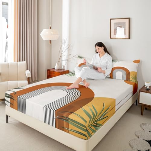 Geometric Line Circle Kids Fitted Sheet Queen Size,Sun Moon Abstract Palm Leaf Bedding Set,Boho Western Artwork Girls Boys Room Decor,ColorfulBed Sheet,2 Pillowcases(No Flat)