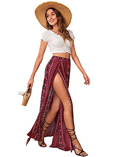 Romwe Women's Boho Tribal Print Skirt High Split Beach Cover Long Maxi Skirts Burgundy S #TOP4