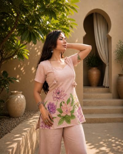 Image of Women's Floral Laila Cut Short Kurti Cotton V-Neck with Lining, Lightweight Short Sleeve Tunic, Breathable, Casual & Office Wear