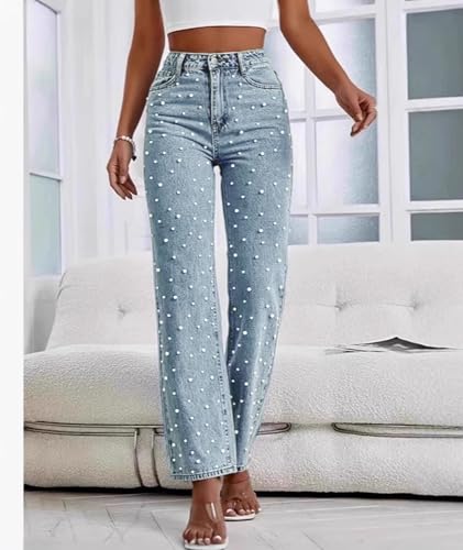 ECDAHICC Womens High Waisted Straight Leg Pearl Jeans Casual Boyfriend Bootcut Sparkly Denim Pants Trousers2