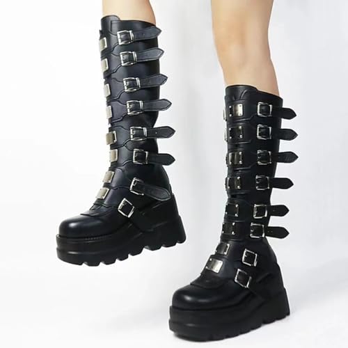 Women Platform Knee High Goth Boots Zip Round Toe Wedge Punk Mid Calf Boots Buckle Chunky High Heel Combat Boots4